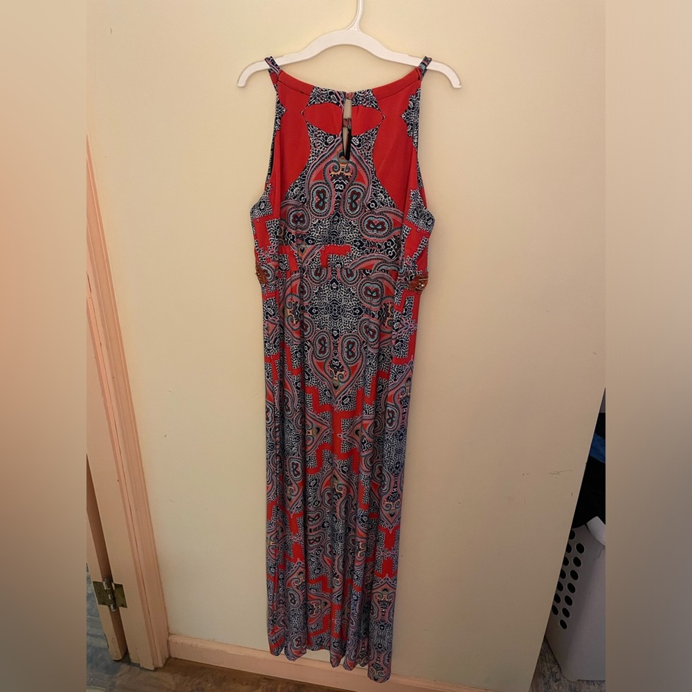 Dress. Mult-color paisley pattern. Red/orange base color.